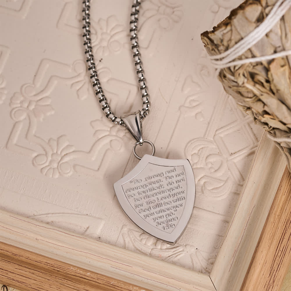 Double Sided Shield Rhinestone Cross Pendant Engraved Amor of God Joshua 1 Verse 9 Box Chain Necklace: Timeless Emblem of Gentle Heavenly Guardianship
