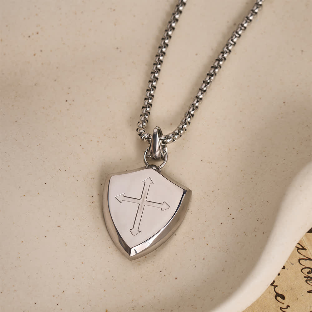 Double Sided Shield Rhinestone Cross Pendant Engraved Amor of God Joshua 1 Verse 9 Box Chain Necklace: Timeless Emblem of Gentle Heavenly Guardianship