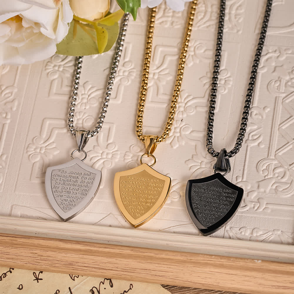 Double Sided Shield Rhinestone Cross Pendant Engraved Amor of God Joshua 1 Verse 9 Box Chain Necklace: Timeless Emblem of Gentle Heavenly Guardianship