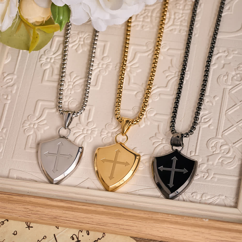 Double Sided Shield Rhinestone Cross Pendant Engraved Amor of God Joshua 1 Verse 9 Box Chain Necklace: Timeless Emblem of Gentle Heavenly Guardianship