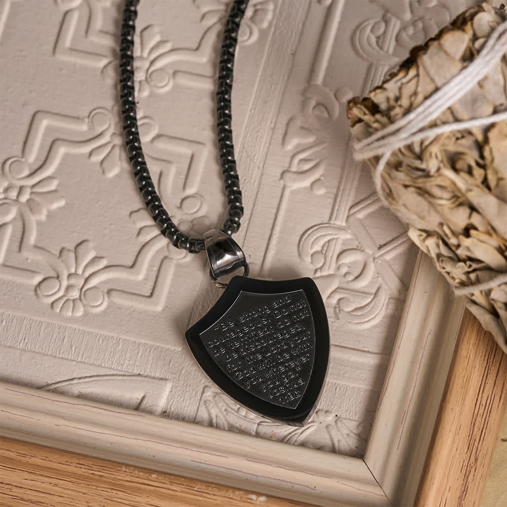 Double Sided Shield Rhinestone Cross Pendant Engraved Amor of God Joshua 1 Verse 9 Box Chain Necklace: Timeless Emblem of Gentle Heavenly Guardianship