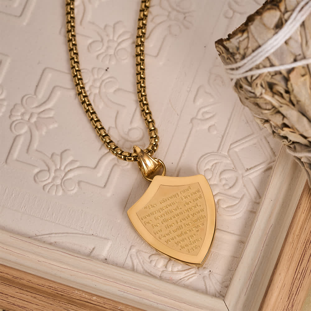 Double Sided Shield Rhinestone Cross Pendant Engraved Amor of God Joshua 1 Verse 9 Box Chain Necklace: Timeless Emblem of Gentle Heavenly Guardianship