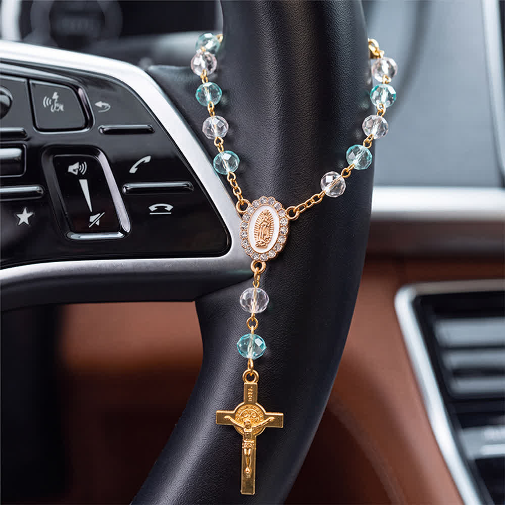Oval Sacred Portrait Our Lady Multi-Tone Bead Crucifix Car Hanging Pendant: A Reminder of Merciful Divine Protection on Every Trip