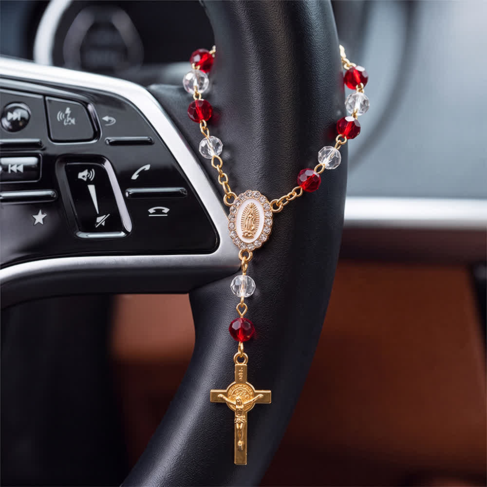 Oval Sacred Portrait Our Lady Multi-Tone Bead Crucifix Car Hanging Pendant: A Reminder of Merciful Divine Protection on Every Trip