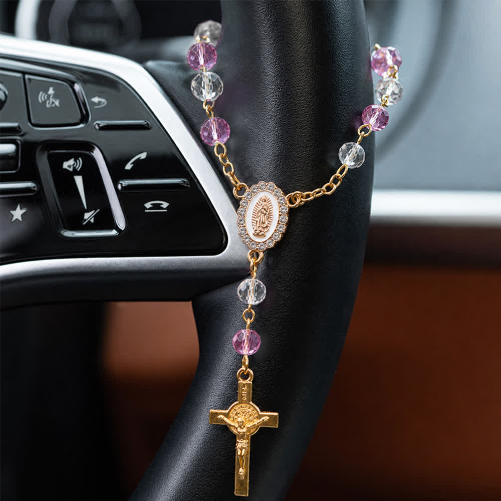 Oval Sacred Portrait Our Lady Multi-Tone Bead Crucifix Car Hanging Pendant: A Reminder of Merciful Divine Protection on Every Trip