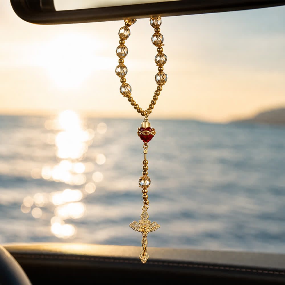 Luxe Champagne-Tone Pocket Rosary With Sacred Heart & Jeweled Crucifix: Dual-Use Prayer & Car Hanging Charm