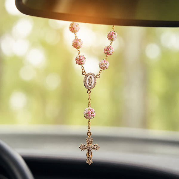 Ornate Jeweled Gold Cross Floral Glass Car Rosary: Token of Heavenly Travel Protection