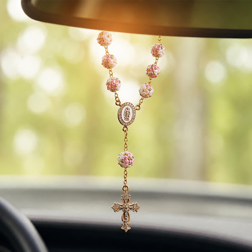 Ornate Jeweled Gold Cross Floral Glass Car Rosary: Token of Heavenly Travel Protection