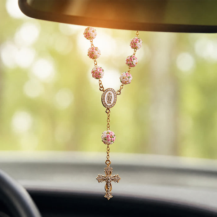 Ornate Jeweled Gold Cross Floral Glass Car Rosary: Token of Heavenly Travel Protection