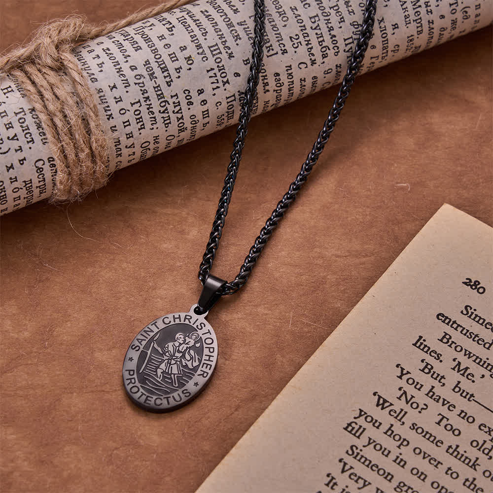 Oval Saint Christopher Engraved Medal Wheat Chain Necklace: Timeless Emblem of Gentle Heavenly Guardianship