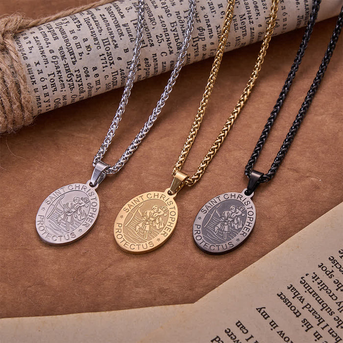 Oval Saint Christopher Engraved Medal Wheat Chain Necklace: Timeless Emblem of Gentle Heavenly Guardianship