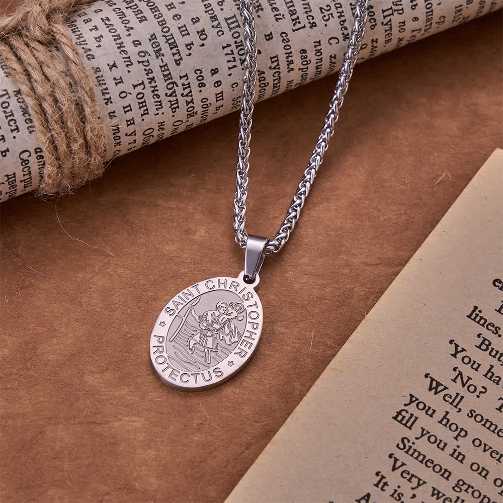 Oval Saint Christopher Engraved Medal Wheat Chain Necklace: Timeless Emblem of Gentle Heavenly Guardianship