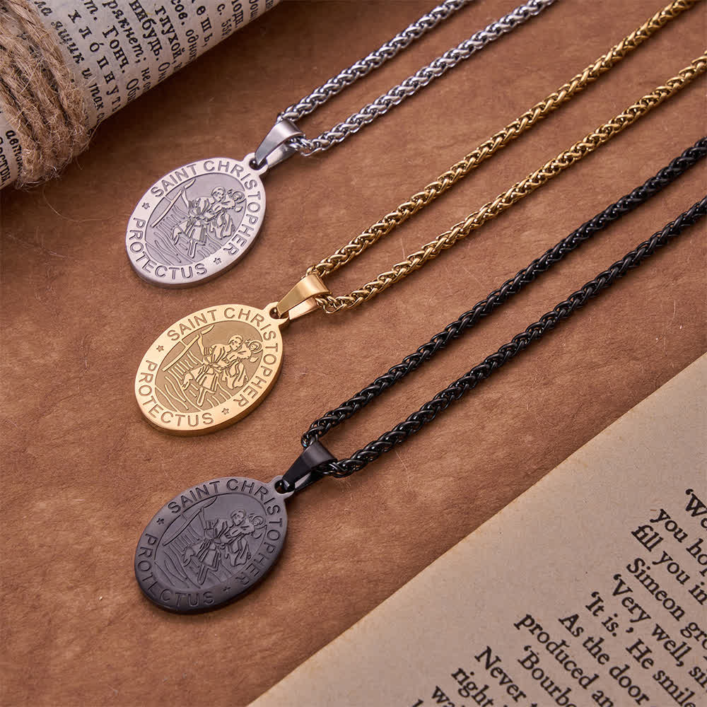 Oval Saint Christopher Engraved Medal Wheat Chain Necklace: Timeless Emblem of Gentle Heavenly Guardianship