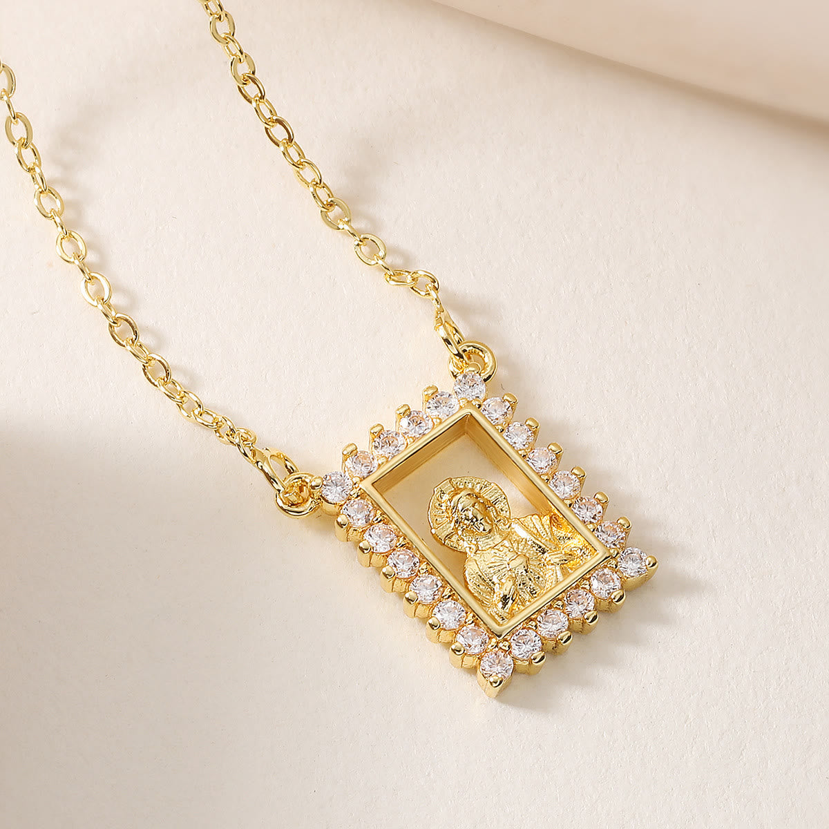 Zircon Border Framed Holy Portrait Necklace: Emblem of Gentle Heavenly Protection