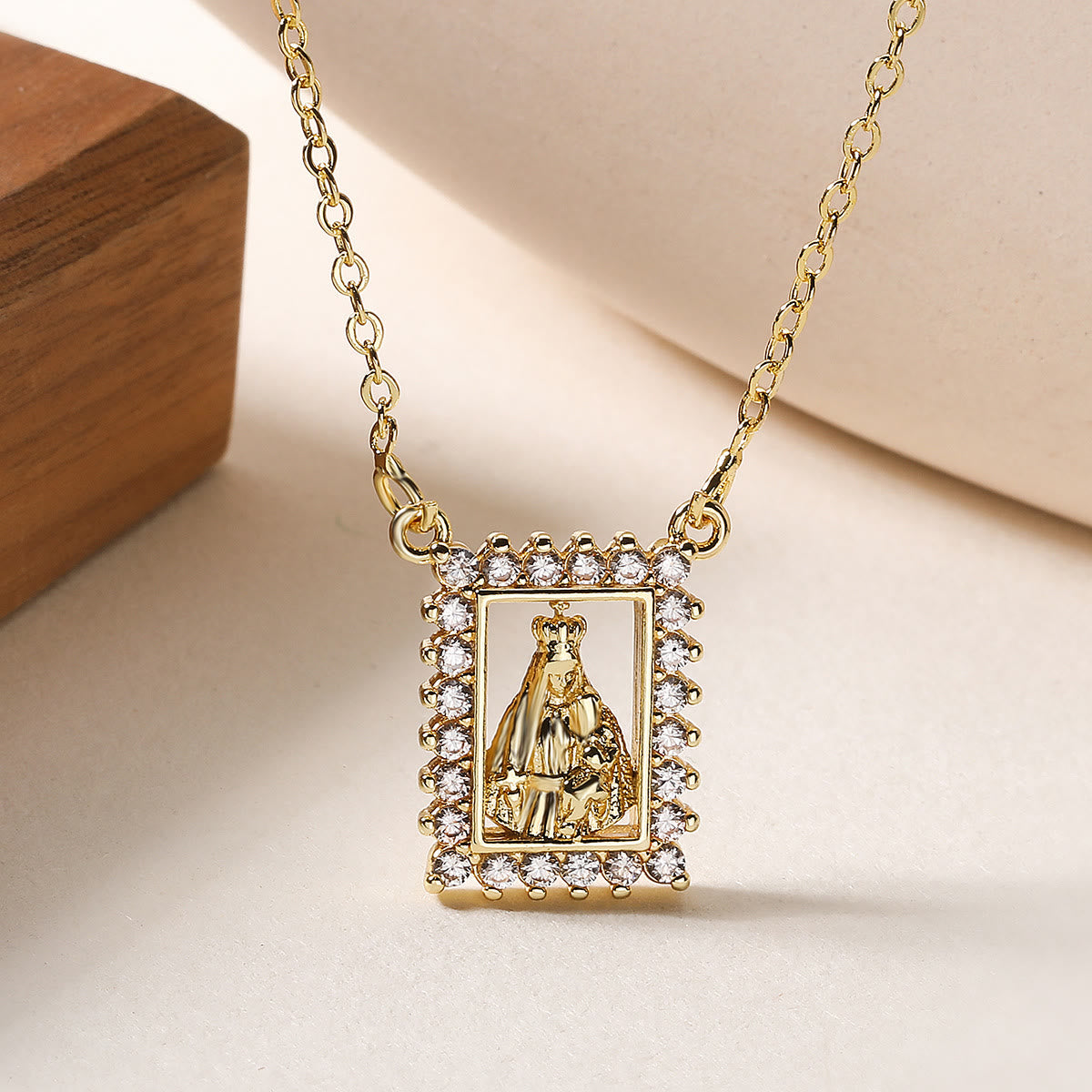 Zircon Border Framed Holy Portrait Necklace: Emblem of Gentle Heavenly Protection