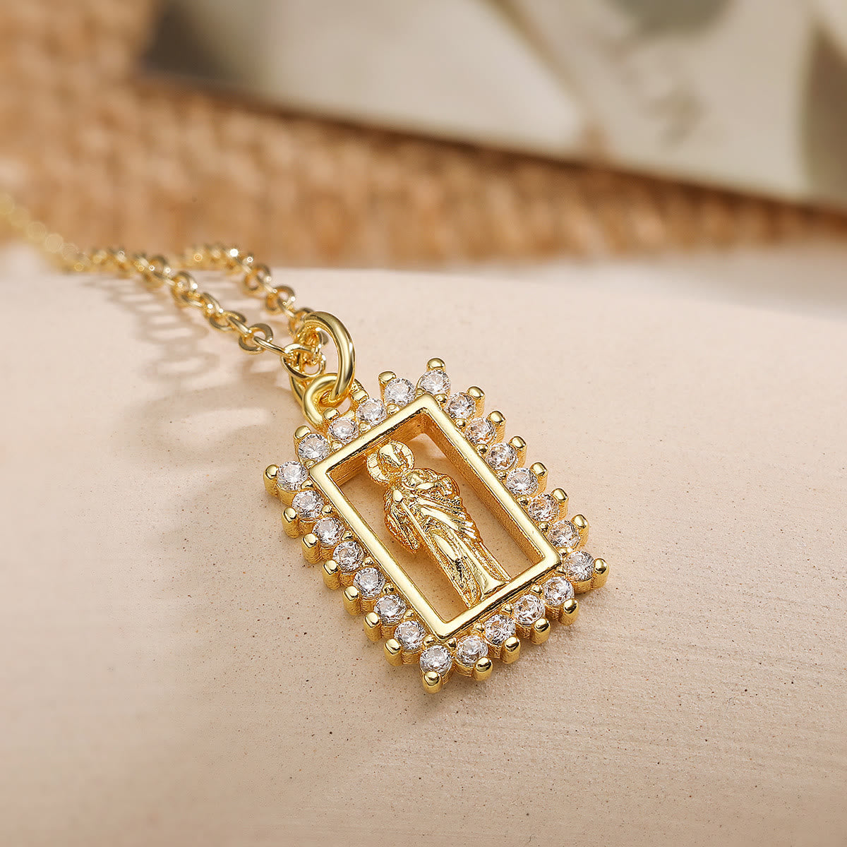 Zircon Border Framed Holy Portrait Necklace: Emblem of Gentle Heavenly Protection