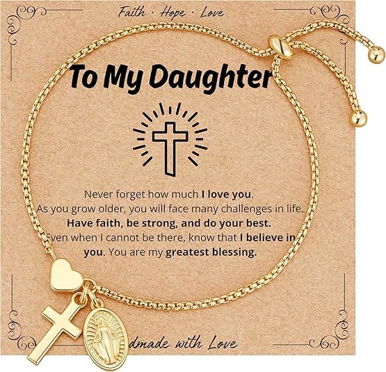 Adjustable Box Chain Charm Bracelet With Cross Heart & Holy Medal: Emblem of Tender Celestial Blessing