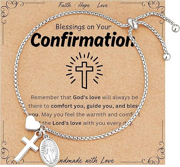 Adjustable Box Chain Charm Bracelet With Cross Heart & Holy Medal: Emblem of Tender Celestial Blessing