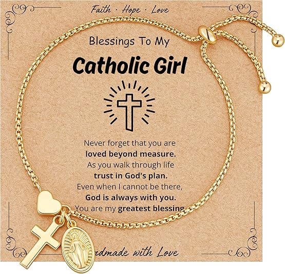 Adjustable Box Chain Charm Bracelet With Cross Heart & Holy Medal: Emblem of Tender Celestial Blessing