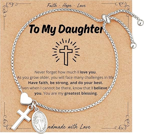 Adjustable Box Chain Charm Bracelet With Cross Heart & Holy Medal: Emblem of Tender Celestial Blessing