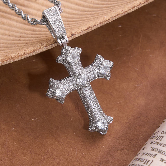 Iced Gothic Fleur Cross Pendant With Twist Rope Chain: Emblem of Radiant Celestial Fortitude