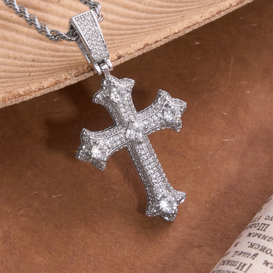 Iced Gothic Fleur Cross Pendant With Twist Rope Chain: Emblem of Radiant Celestial Fortitude