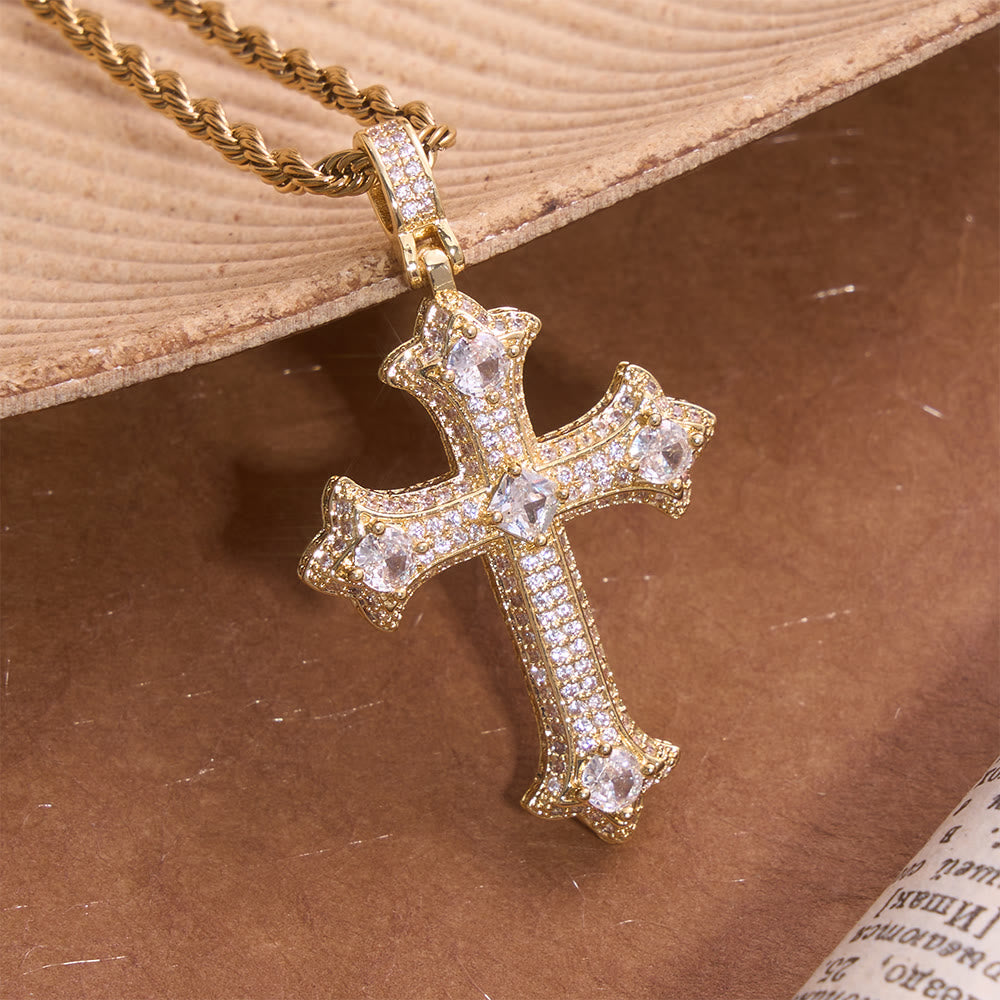 Iced Gothic Fleur Cross Pendant With Twist Rope Chain: Emblem of Radiant Celestial Fortitude