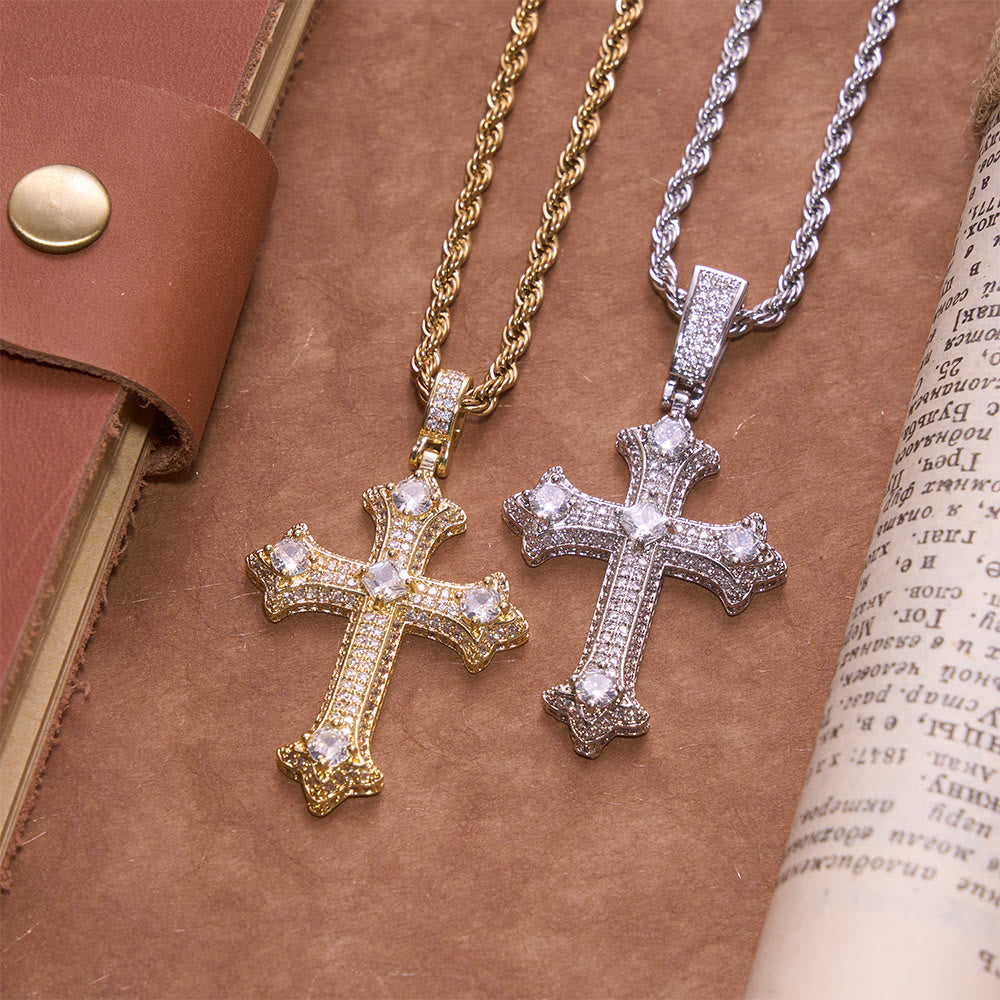 Iced Gothic Fleur Cross Pendant With Twist Rope Chain: Emblem of Radiant Celestial Fortitude
