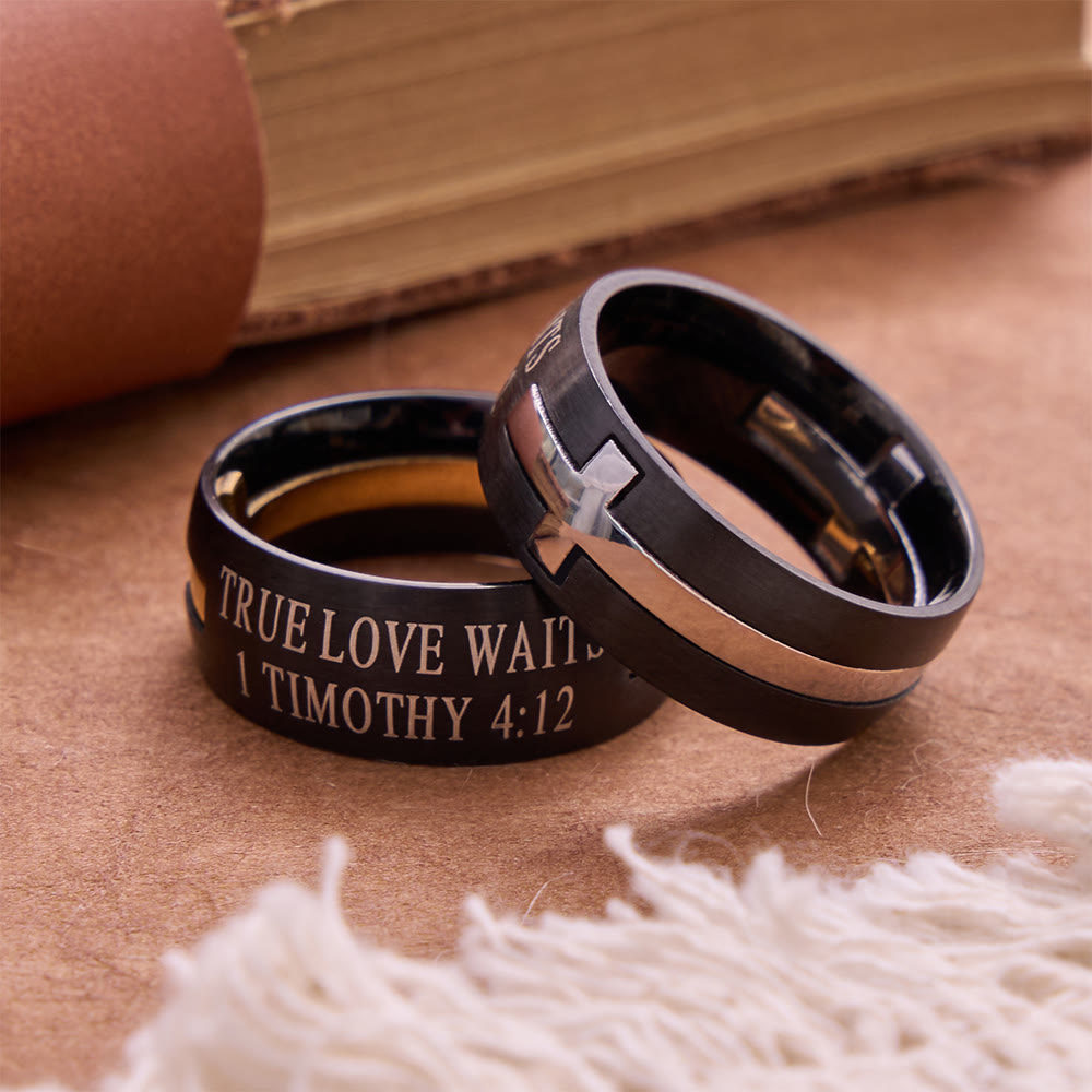 Detachable Inlaid Cross Band Engraved True Love Waits Verse: Emblem of Pure Heavenly Chastity