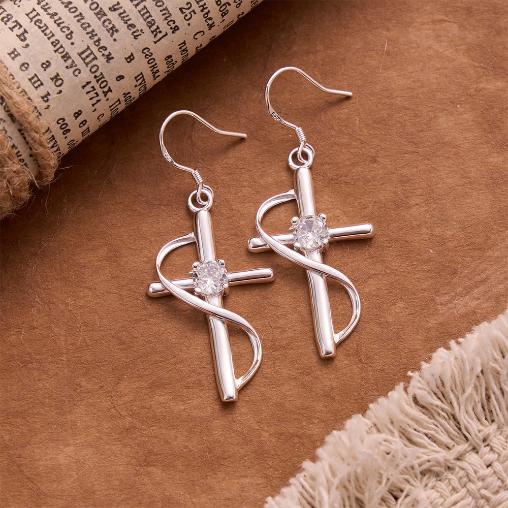 Infinity Loop Wrapped Zircon Cross Hook Earrings: Emblem of Everlasting Celestial Love