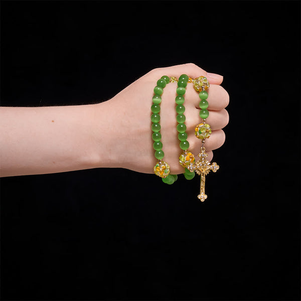 Green Cat's Eye Stone Rosary With Floral Lampwork Glass Beads: Emblem of Vibrant Heavenly Blessings