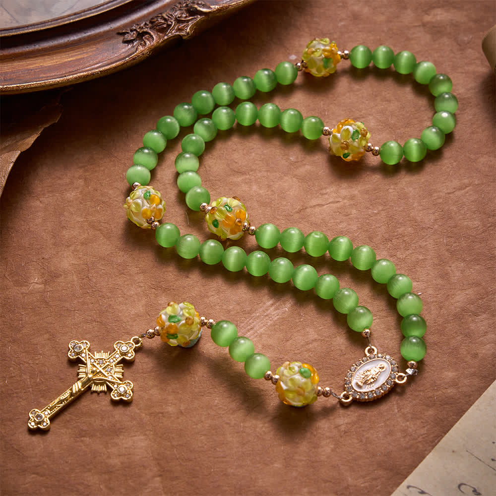 Green Cat's Eye Stone Rosary With Floral Lampwork Glass Beads: Emblem of Vibrant Heavenly Blessings