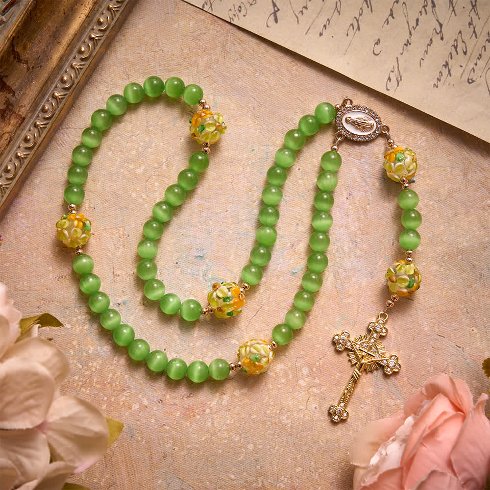 Green Cat's Eye Stone Rosary With Floral Lampwork Glass Beads: Emblem of Vibrant Heavenly Blessings