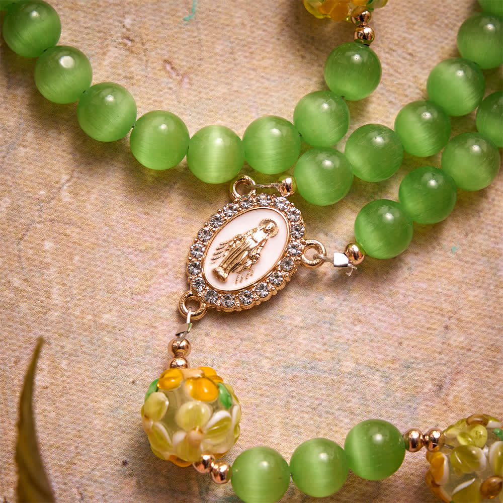 Green Cat's Eye Stone Rosary With Floral Lampwork Glass Beads: Emblem of Vibrant Heavenly Blessings