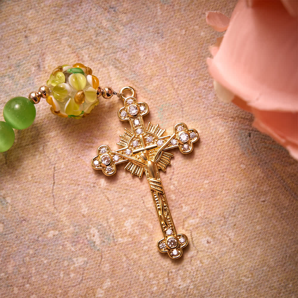 Green Cat's Eye Stone Rosary With Floral Lampwork Glass Beads: Emblem of Vibrant Heavenly Blessings