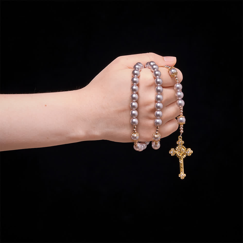 Pale Pinkish Purple Pearl Our Lady Rosary With Jeweled Golden Crucifix: Emblem of Pure Heavenly Tenderness