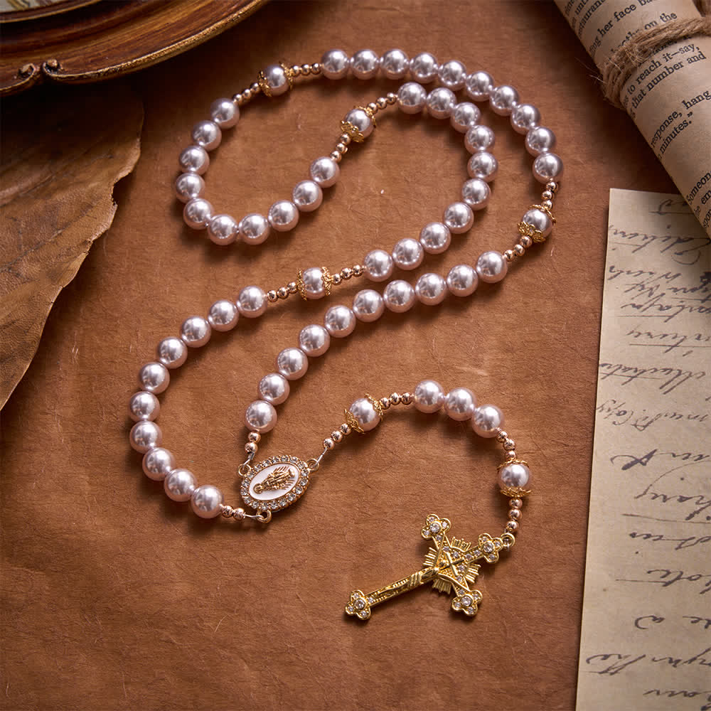 Pale Pinkish Purple Pearl Our Lady Rosary With Jeweled Golden Crucifix: Emblem of Pure Heavenly Tenderness
