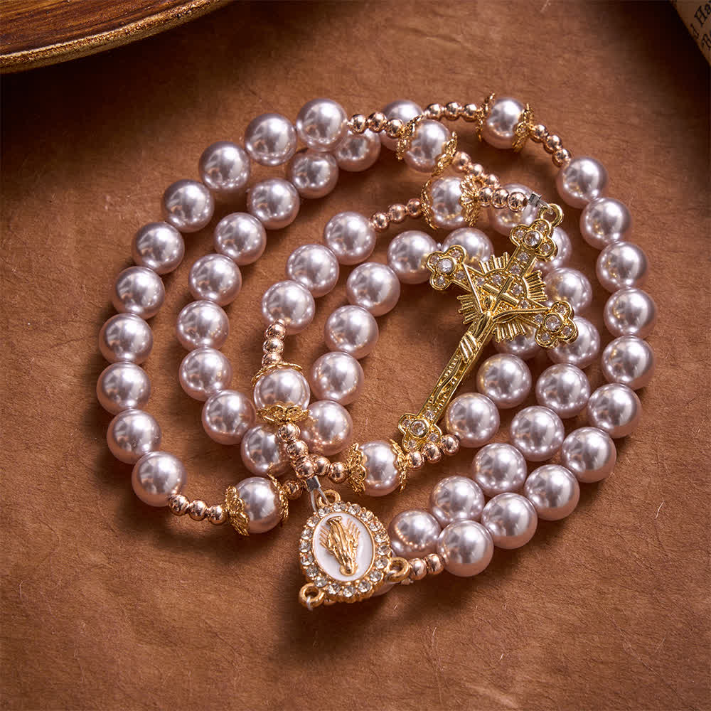 Pale Pinkish Purple Pearl Our Lady Rosary With Jeweled Golden Crucifix: Emblem of Pure Heavenly Tenderness