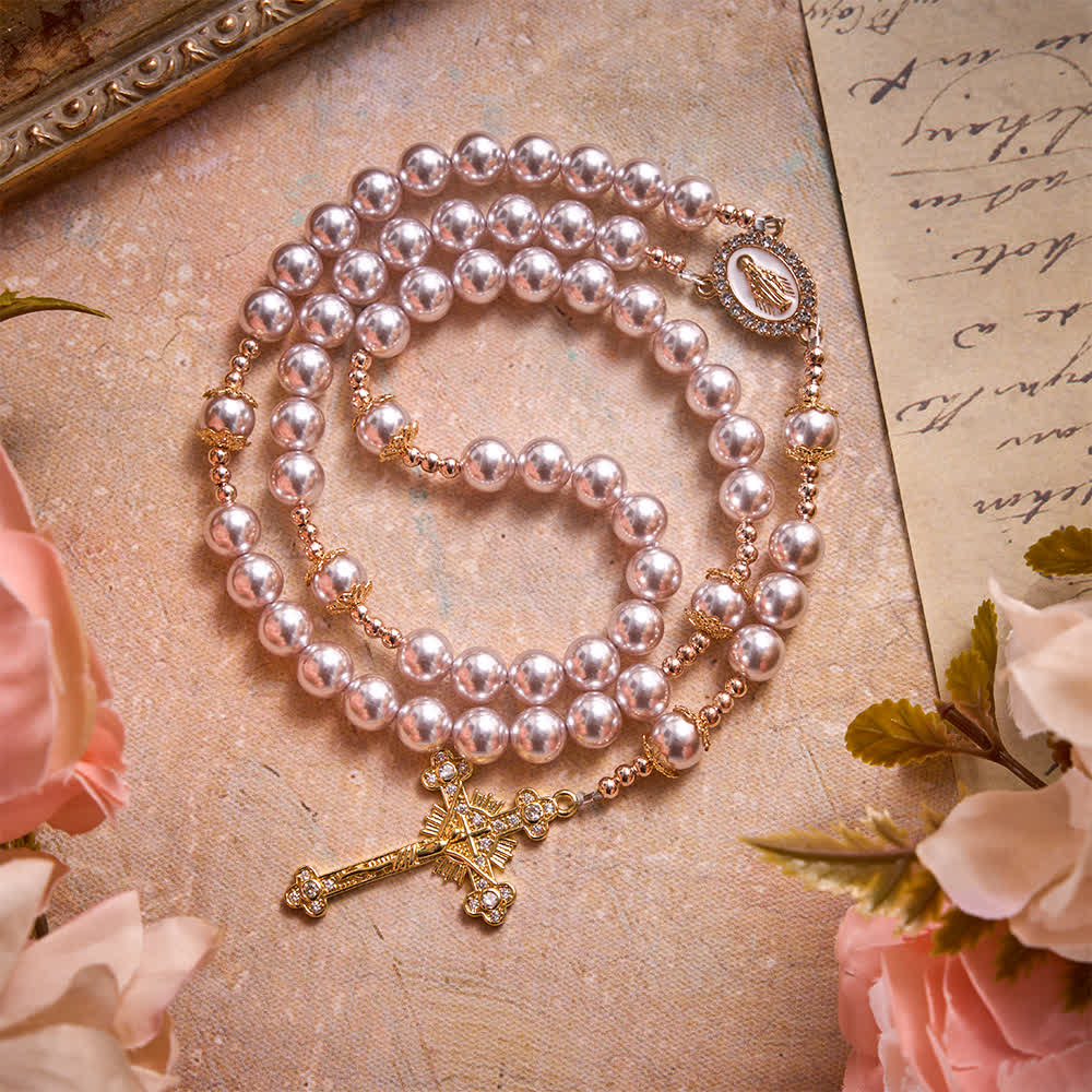 Pale Pinkish Purple Pearl Our Lady Rosary With Jeweled Golden Crucifix: Emblem of Pure Heavenly Tenderness