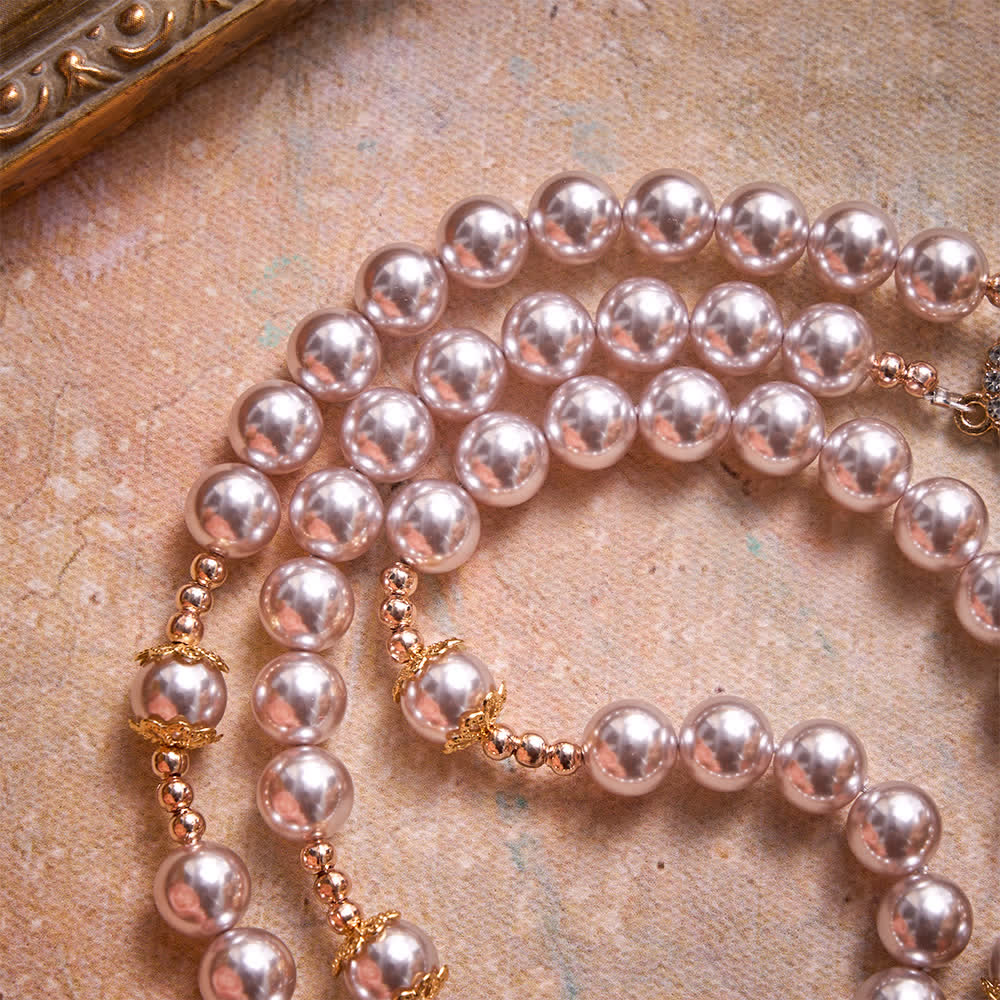 Pale Pinkish Purple Pearl Our Lady Rosary With Jeweled Golden Crucifix: Emblem of Pure Heavenly Tenderness
