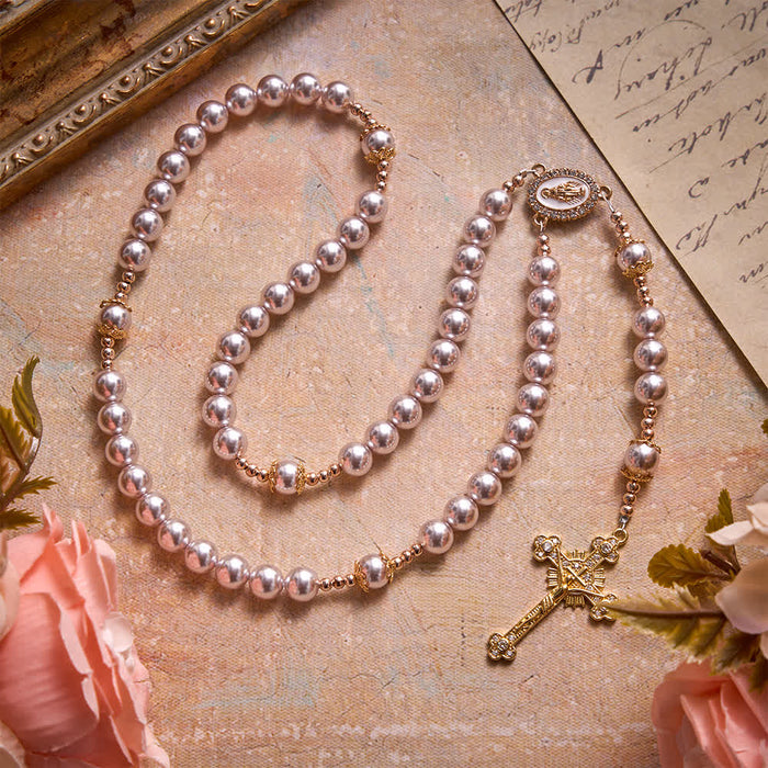 Pale Pinkish Purple Pearl Our Lady Rosary With Jeweled Golden Crucifix: Emblem of Pure Heavenly Tenderness