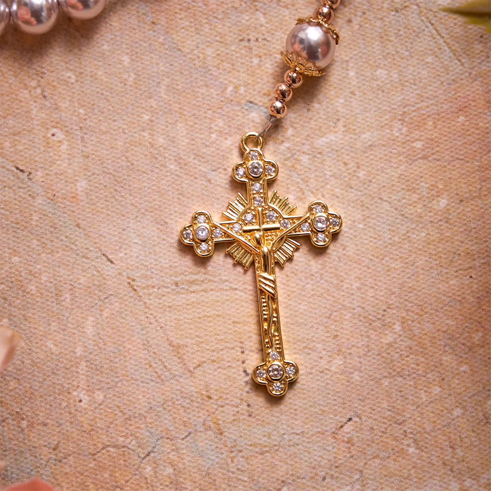 Pale Pinkish Purple Pearl Our Lady Rosary With Jeweled Golden Crucifix: Emblem of Pure Heavenly Tenderness