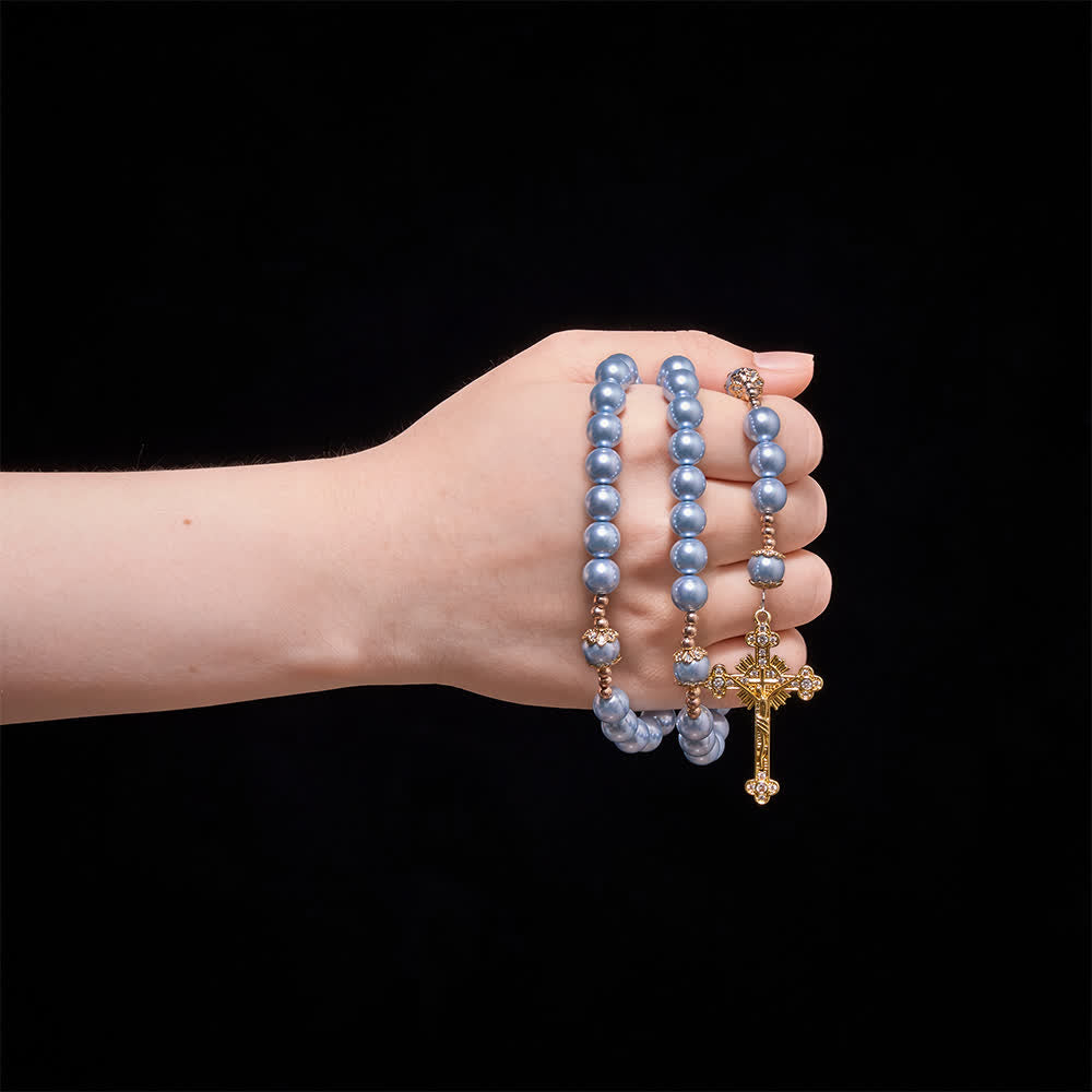 Sky Blue Pearl Our Lady Rosary With Jeweled Golden Crucifix: Emblem of Serene Heavenly Peace