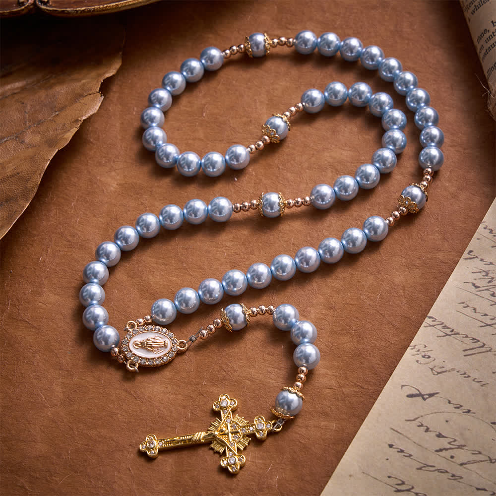 Sky Blue Pearl Our Lady Rosary With Jeweled Golden Crucifix: Emblem of Serene Heavenly Peace