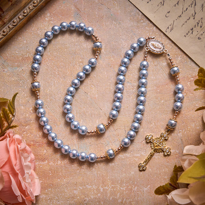 Sky Blue Pearl Our Lady Rosary With Jeweled Golden Crucifix: Emblem of Serene Heavenly Peace