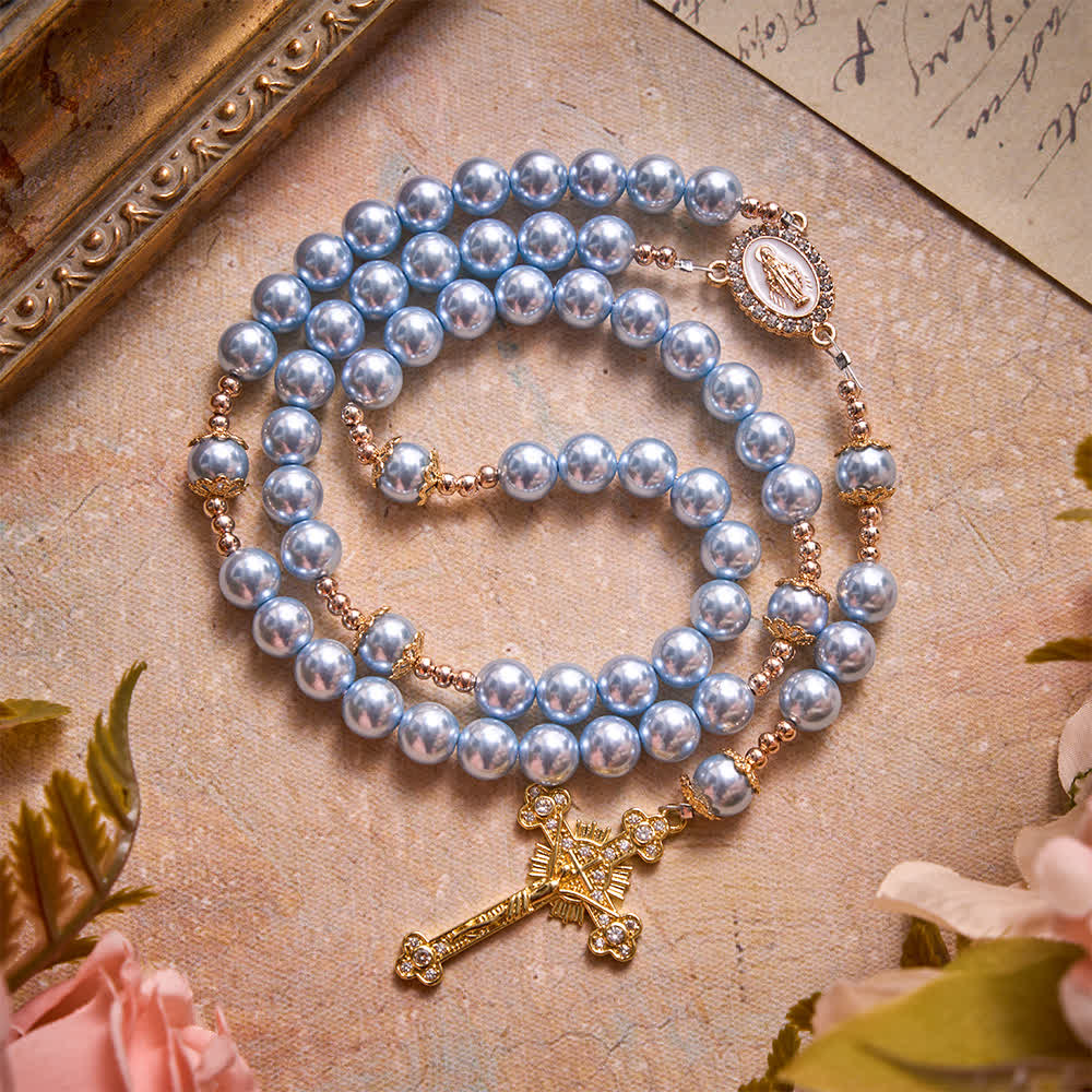 Sky Blue Pearl Our Lady Rosary With Jeweled Golden Crucifix: Emblem of Serene Heavenly Peace