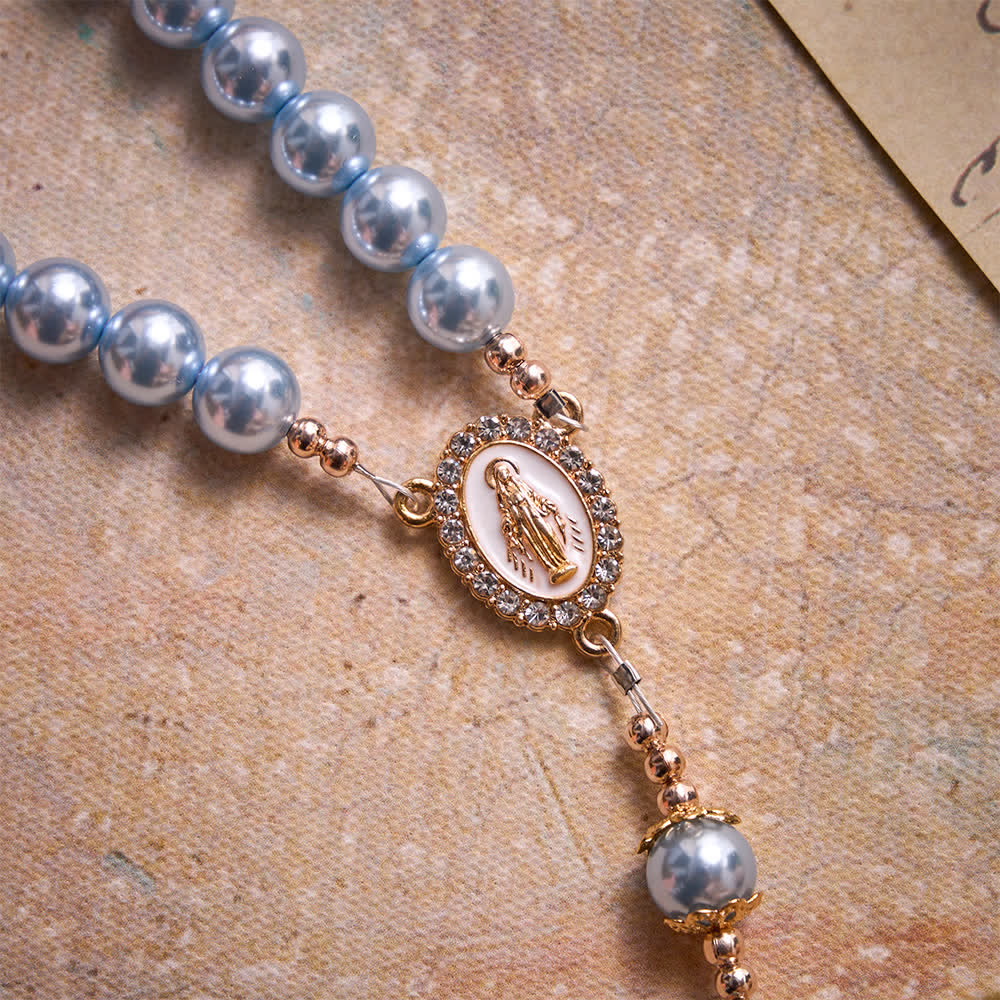 Sky Blue Pearl Our Lady Rosary With Jeweled Golden Crucifix: Emblem of Serene Heavenly Peace