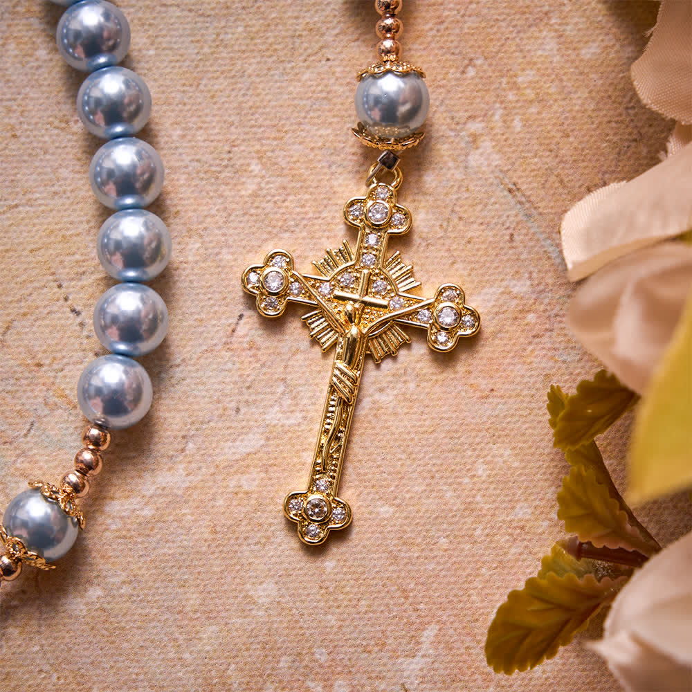 Sky Blue Pearl Our Lady Rosary With Jeweled Golden Crucifix: Emblem of Serene Heavenly Peace