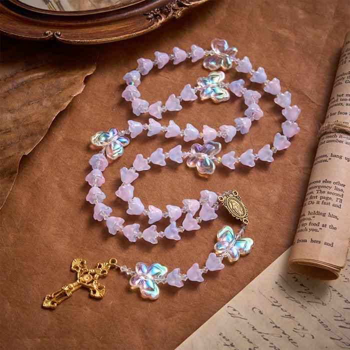 Gradient Iridescent Lily of the Valley Glass Rosary With Butterfly Charms: Emblem of Gentle Heavenly Blessings