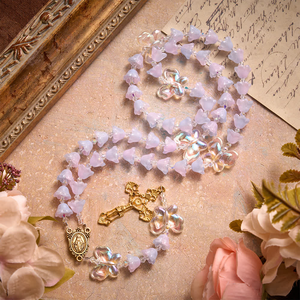 Gradient Iridescent Lily of the Valley Glass Rosary With Butterfly Charms: Emblem of Gentle Heavenly Blessings